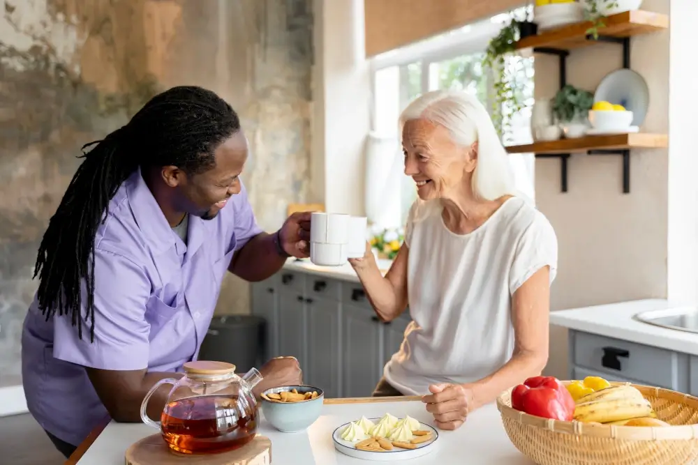 african social worker helping senior woman