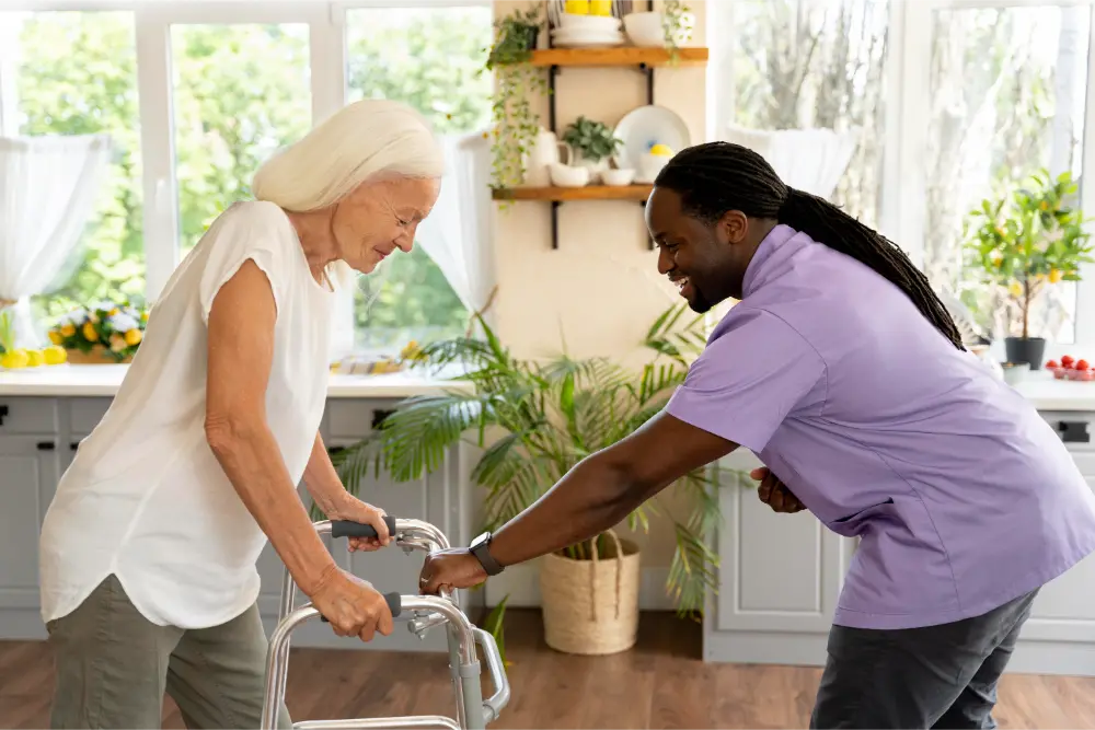 male social worker taking care old woman